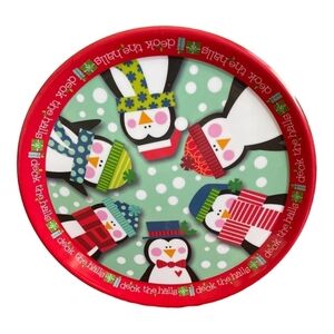 Penguins Round Christmas Tray Plate Holiday Decor 14” Accent NWOT